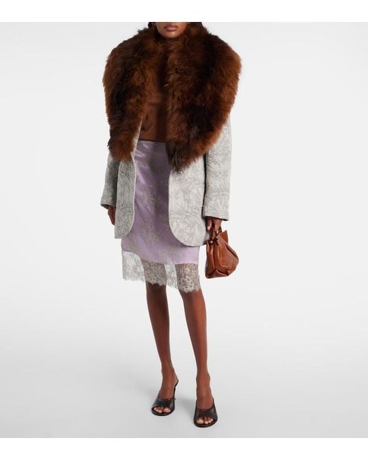 JACQUES WEI Purple Embroidered Leather-Trimmed Lace Midi Skirt