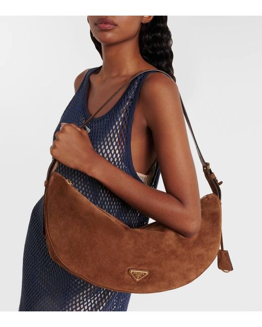 Prada Brown Demi-Lune Large Suede Shoulder Bag