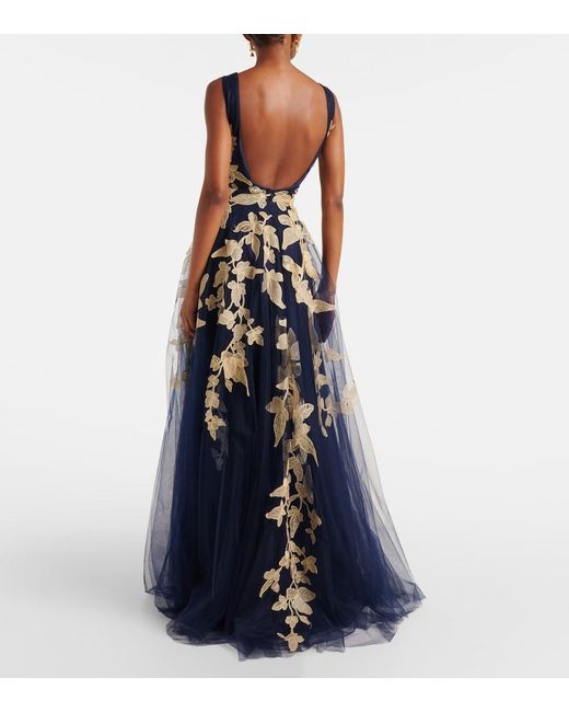 Costarellos Blue Arcangela Applique Tulle Gown
