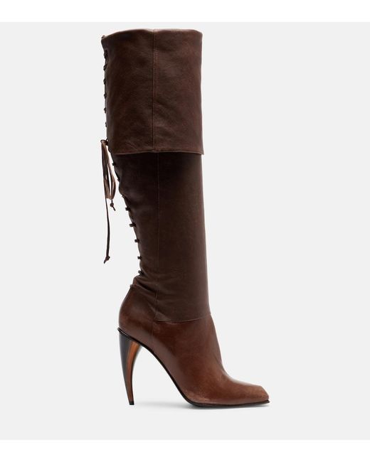 McQueen Brown Horn Lace-Up Leather Knee-High Boots