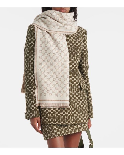 Gucci Natural Gg Wool-Blend Jacquard Scarf