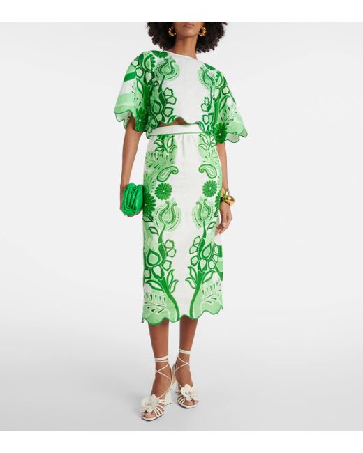 Farm Rio Green Color Festival Printed Linen Midi Skirt