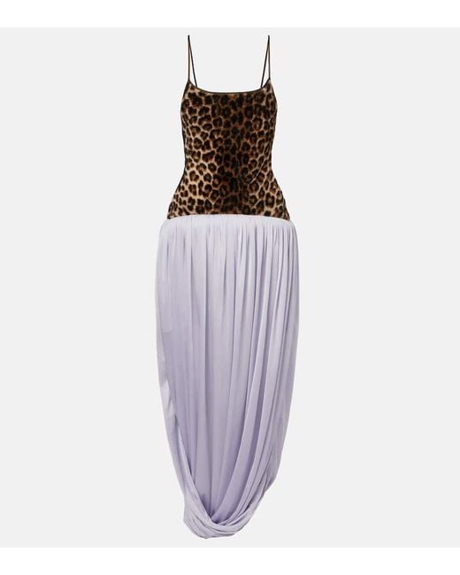JACQUES WEI Purple Leopard-Print Draped Maxi Dress