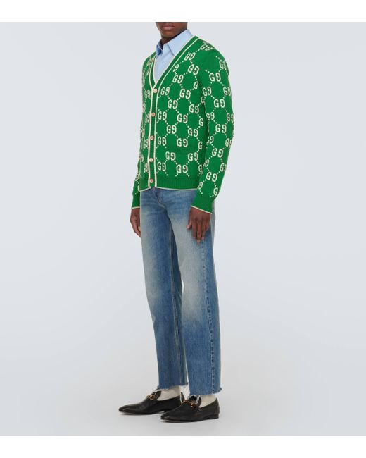 Gucci Green GG Intarsia Cotton Cardigan for men