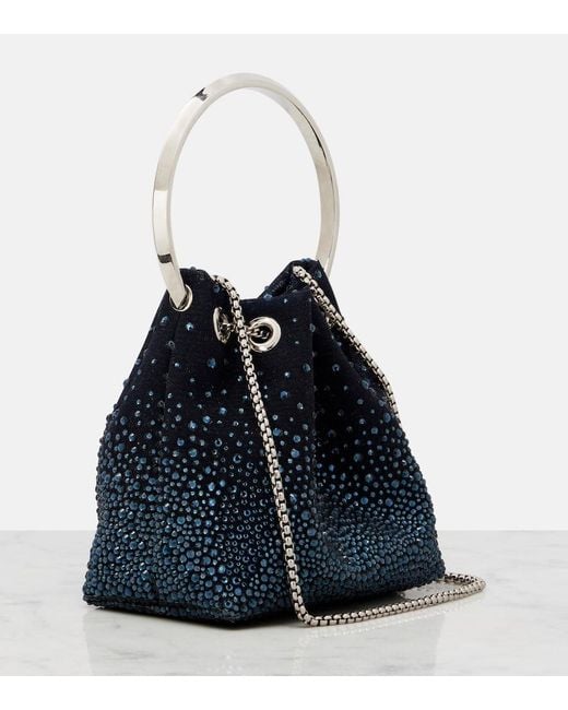 Jimmy Choo Blue Bon Bon Embellished Mesh Bucket Bag