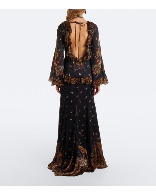 Etro Black Printed Ruched Silk Maxi Dress