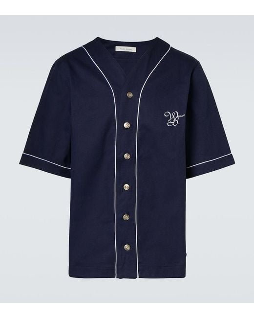 Wales Bonner Blue Logo-Embroidered Cotton-Drill Baseball Shirt for men
