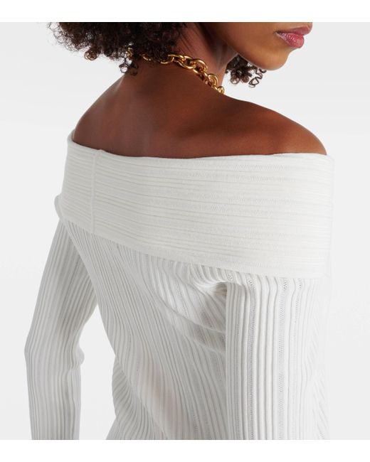 Veronica Beard White Yesenia Ribbed-knit Off-shoulder Top