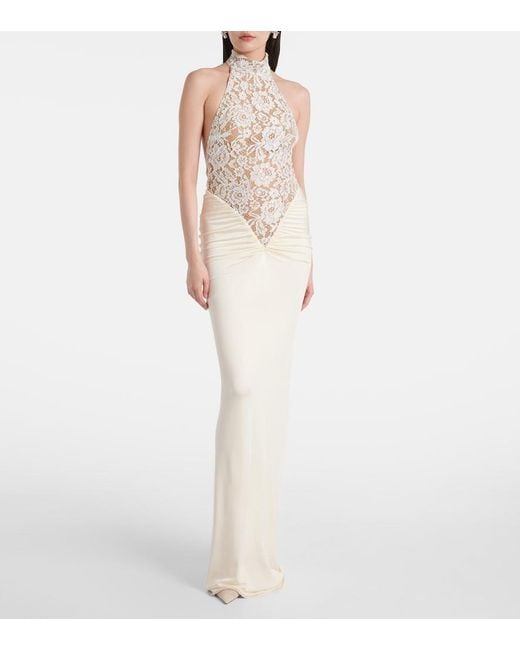 The New Arrivals Ilkyaz Ozel White Cass Embroidered Ruched Halterneck Gown