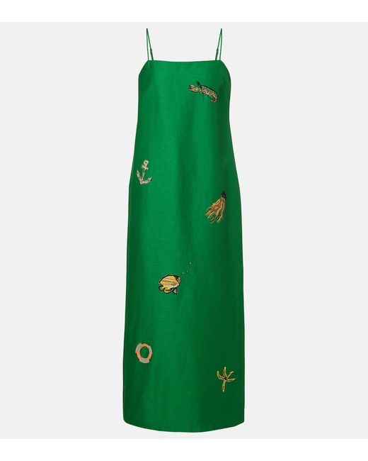 ALÉMAIS Green Embellished Printed Linen-Blend Maxi Dress