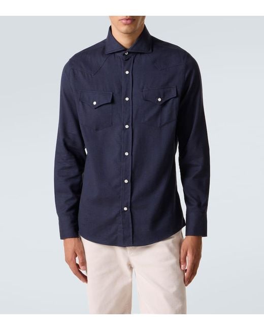 Brunello Cucinelli Blue Chevron Cotton-Blend Flannel Shirt for men