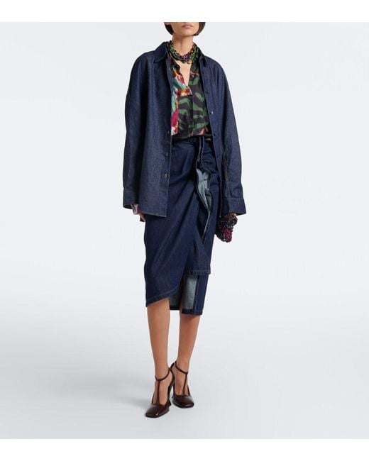 Dries Van Noten Blue Draped Asymmetric Denim Midi Skirt