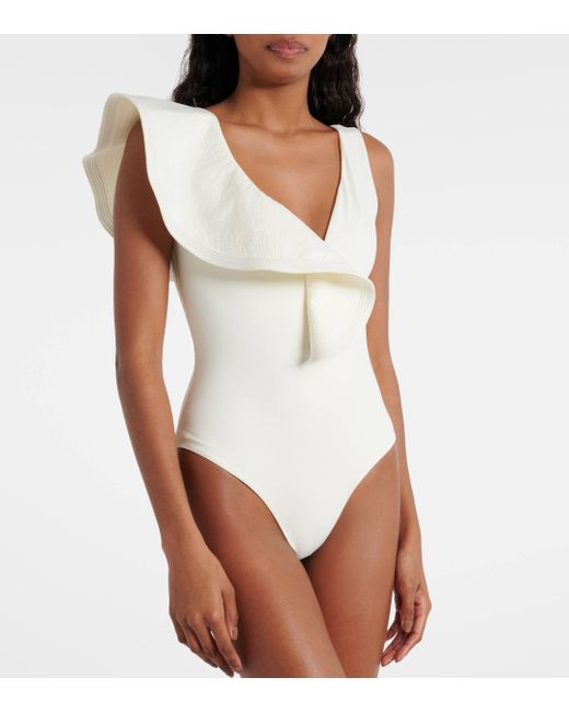 Johanna Ortiz White Ruffled Swimsuit