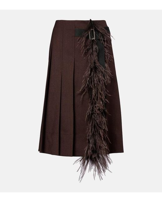 Plan C Brown Feather-Trimmed Pleated Wrap Skirt