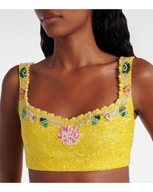 Clio Peppiatt Yellow Marina Embellished Crop Top