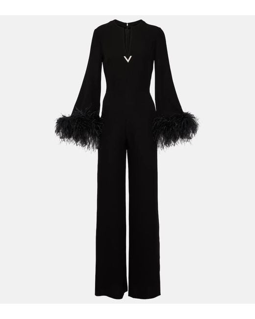 Valentino Black Feather-trimmed V-neck Silk Jumpsuit