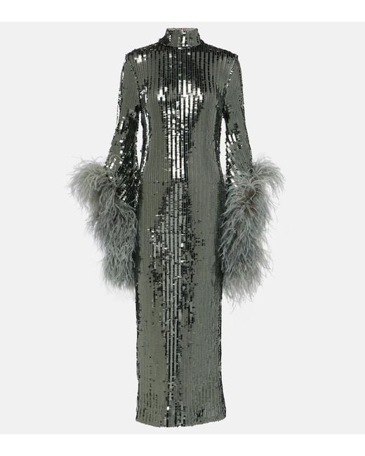 Robe Midi Del Rio A Sequins Et Plumes ‎Taller Marmo en coloris Green