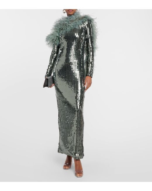 Robe longue Garbo Disco a sequins et plumes ‎Taller Marmo en coloris Gray