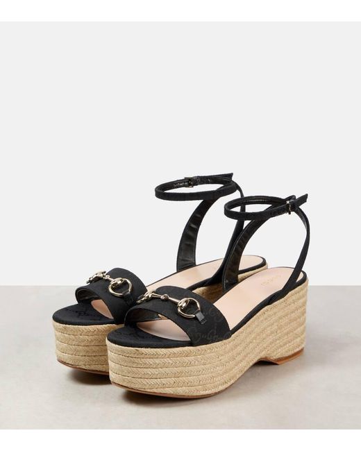 Gucci Black Lady Horsebit Suede Espadrille Wedges