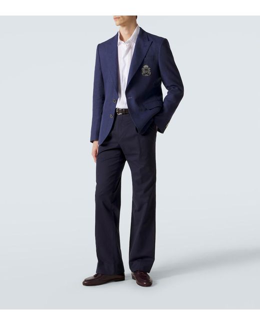 Dolce & Gabbana Blue Logo Single-Breasted Linen Blazer for men