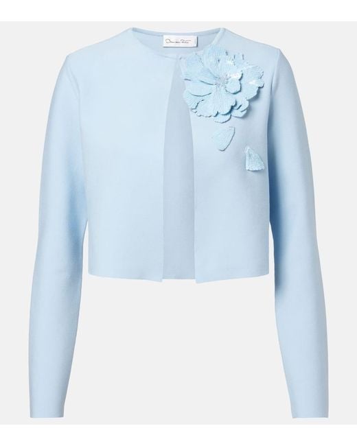 Oscar de la Renta Blue Cropped Floral-Applique Sequined Jacket