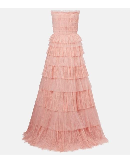 Costarellos Pink Trissa Plisse Tiered Tulle And Lace Gown