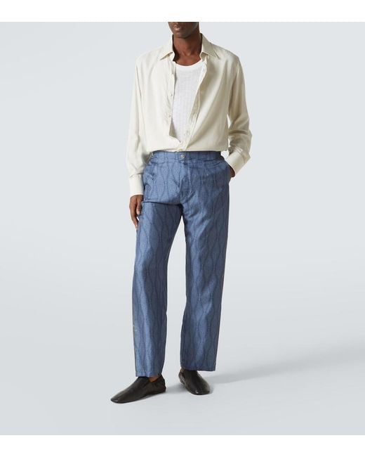 Etro Blue Slim-Fit Straight-Leg Printed Silk-Twill Trousers for men
