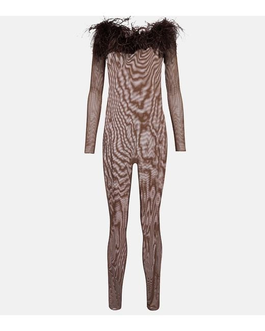 Oseree Brown Feather-Trimmed Mesh Jumpsuit