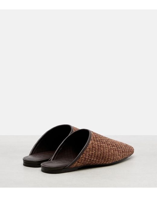 Brunello Cucinelli Brown Leather-Trimmed Raffia Mules