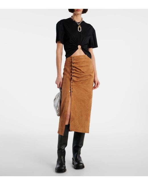 Rabanne Brown Ruched Suede Midi Skirt