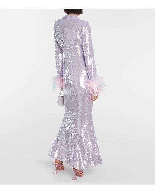 Self-Portrait Purple Feather-Trimmed Sequined Gown