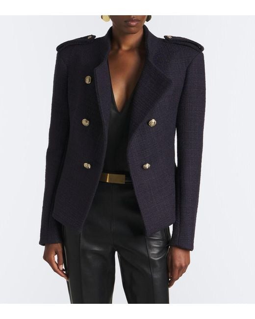 Balmain Blue Double-Breasted Wool-Blend Tweed Jacket