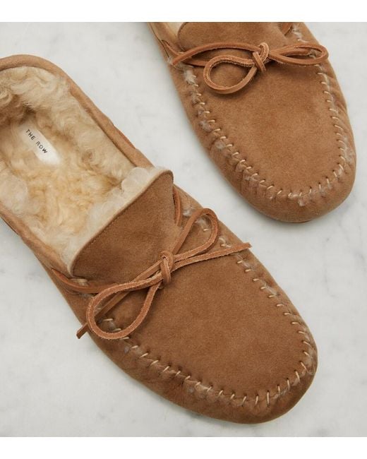 The Row Natural Lucca Shearling-Trimmed Suede Boat Shoes