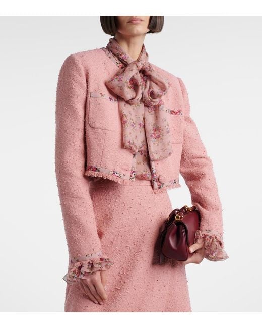 Dolce & Gabbana Pink Floral Cropped Cotton-Blend Tweed Jacket