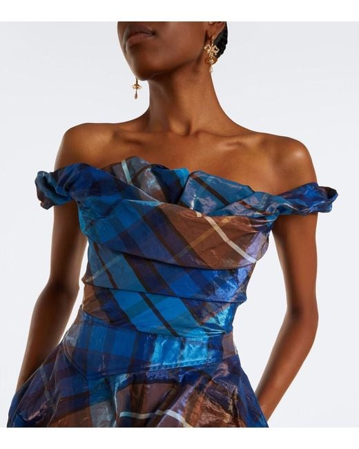 Vivienne Westwood Blue Chichi Draped Plaid Maxi Dress