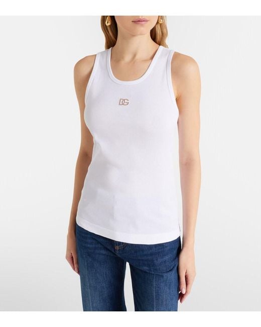 Dolce & Gabbana White Dg Embellished Ribbed-Knit Cotton Tank Top