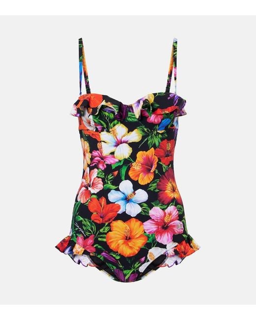 Dolce & Gabbana Red Floral Ruffled Swimsuit