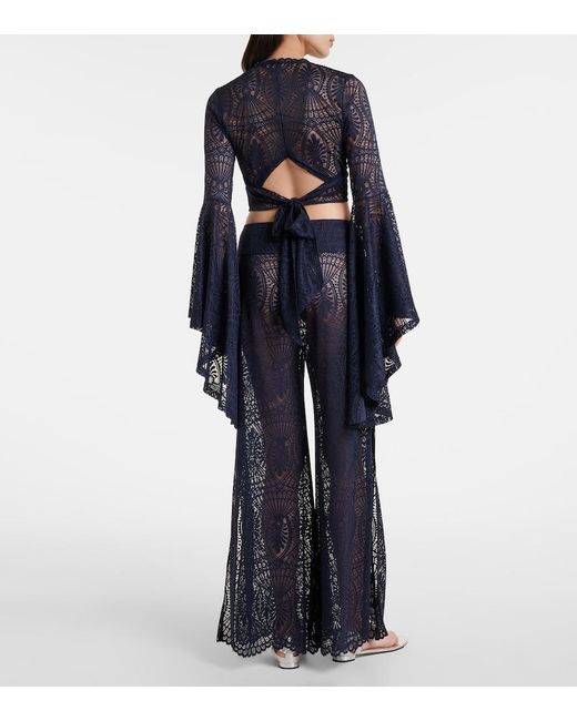 Alexandra Miro Blue Paloma Lace Wide-Leg Pants