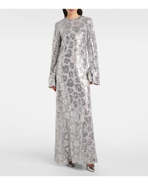 ROTATE BIRGER CHRISTENSEN Gray Floral Sequined Chiffon Maxi Dress