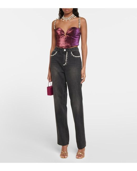 Area Purple Embellished Cotton-Blend Cropped Top