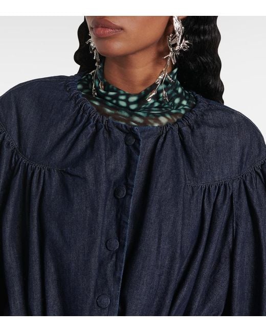 Dries Van Noten Blue Gathered Denim Blouse