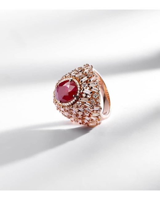 Suzanne Kalan White Dome 18Kt Rose Ring With Ruby And Diamonds