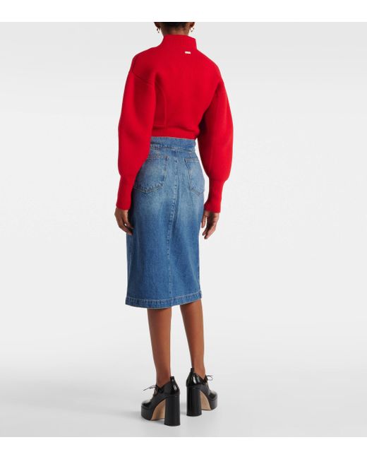 FRAME Blue High-rise Denim Midi Skirt