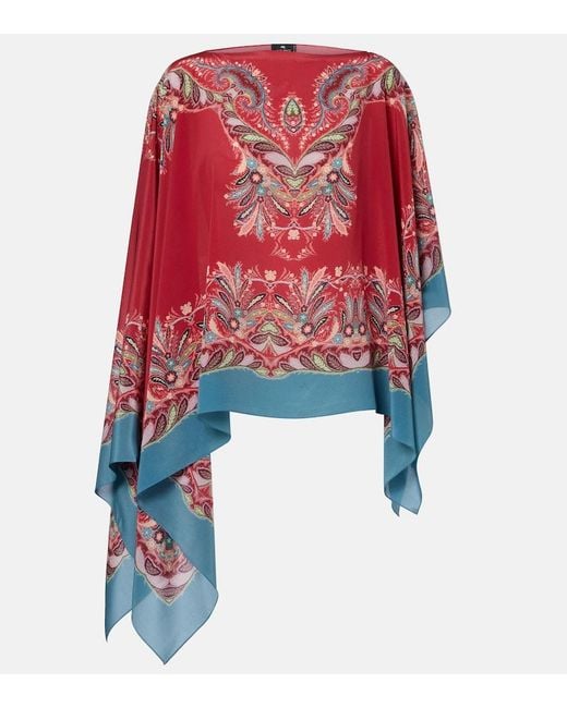 Etro Red Asymmetrical Floral Silk Crepe Poncho