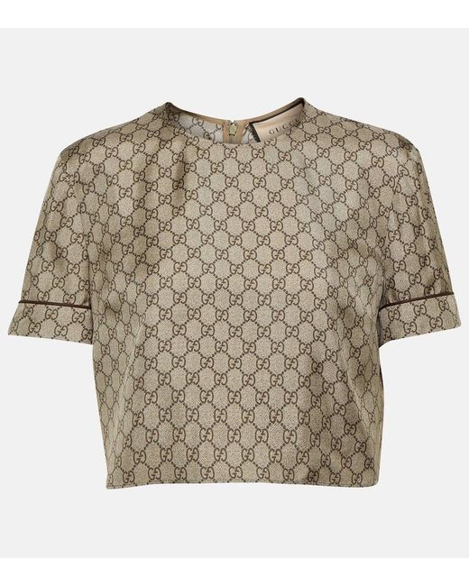 Gucci Natural GG Printed Silk Twill Crop Top