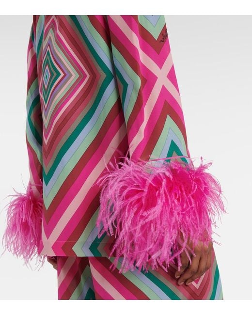 Valentino Pink Rhombus 75 Feather-Trimmed Crepe De Chine Top