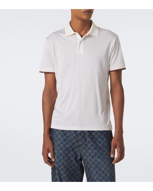 Gucci White Web Stripe Silk Jersey Polo Shirt for men