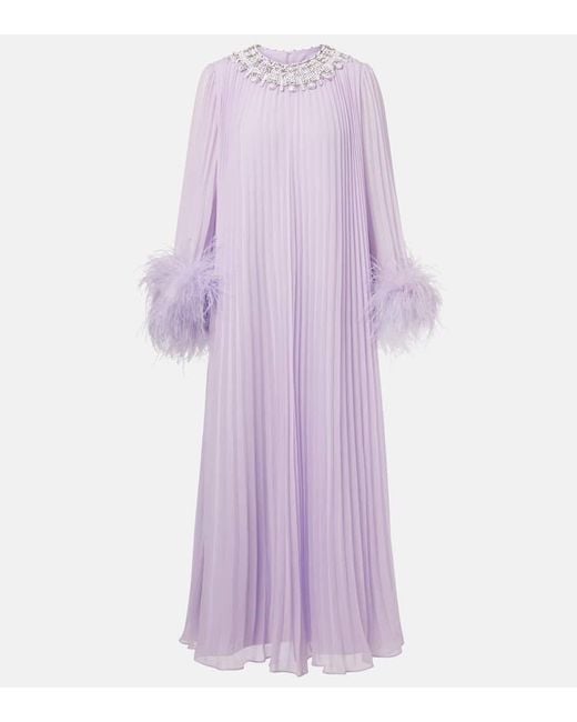 Self-Portrait Purple Feather-Trimmed Plisse Chiffon Midi Dress