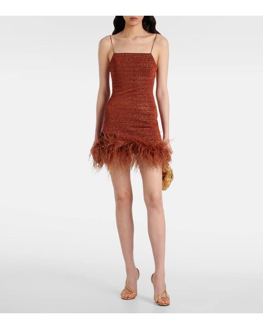 Oseree Brown Lumiere Plumage Feather-Trimmed Minidress