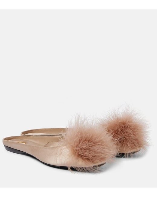 Saint Laurent Brown Lido Pompom Satin Crepe Mules